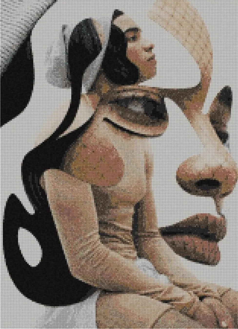 The Inner Siren as a mosaic simulation: overlapping stylised profiles in blush, cream and black, the forms flattened into broad fields of tesserae.