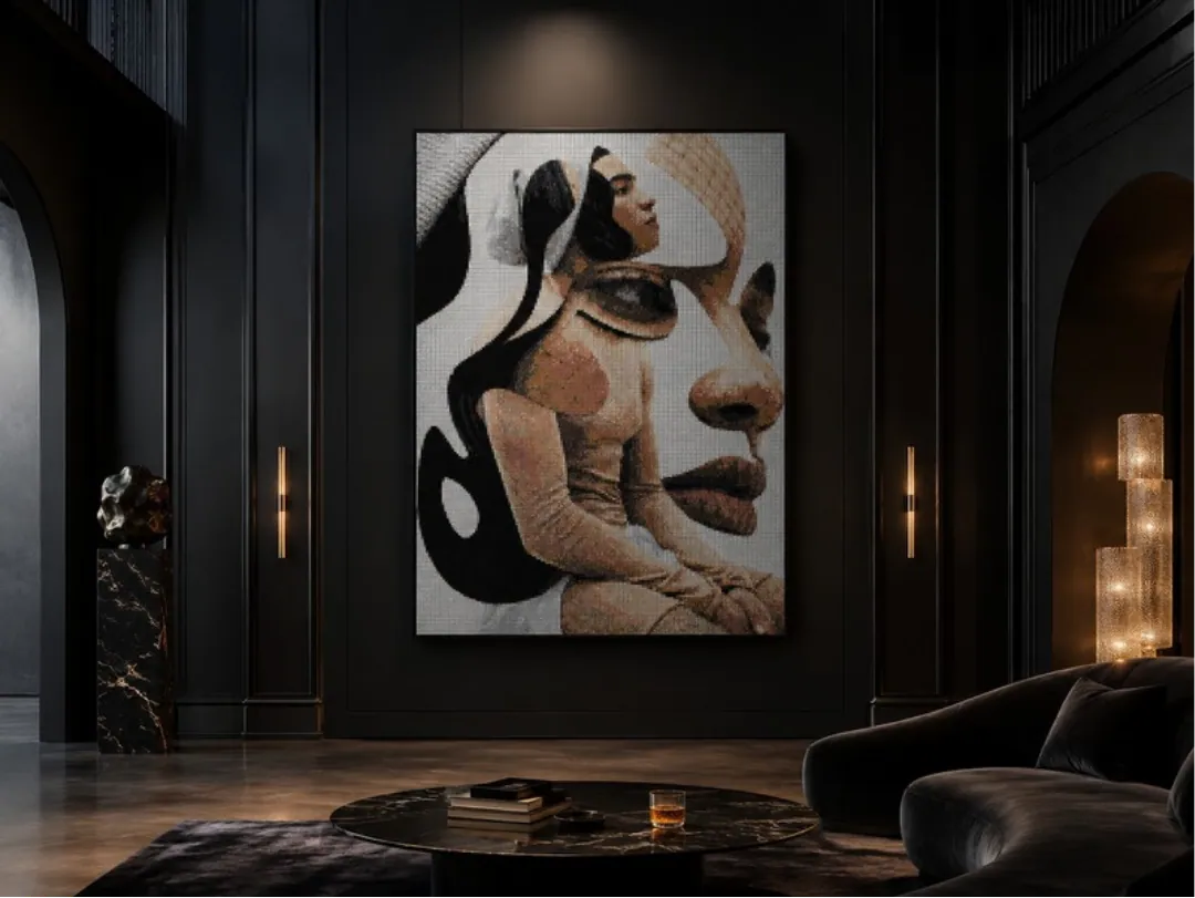 A simulation of the same artwork on the wall of a dark lounge, framed by warm vertical light.