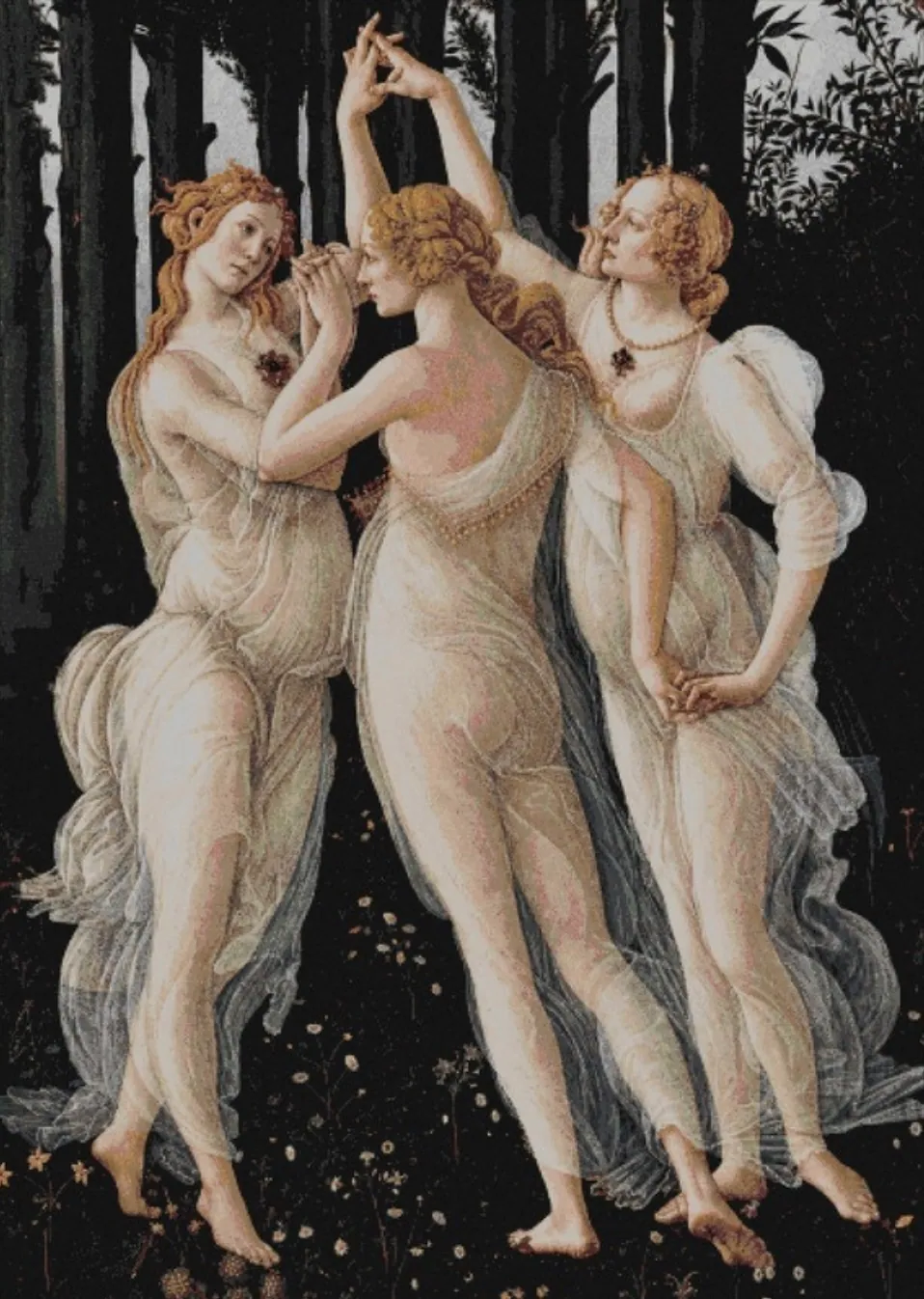 The Three Graces as a mosaic simulation: three dancing figures in pale drapery against a near-black ground scattered with small blossoms.
