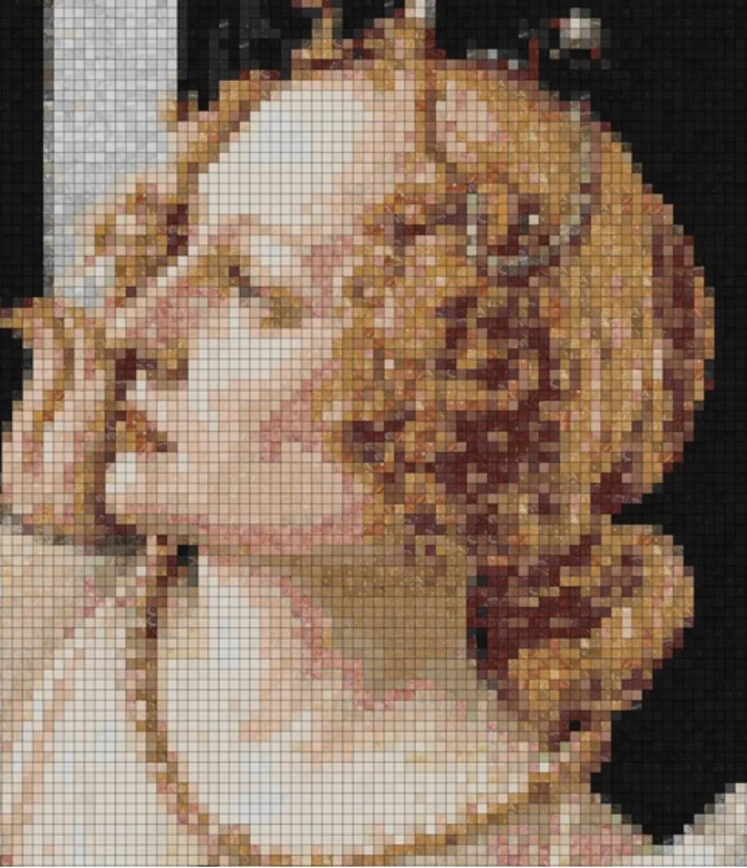 Close view of the simulation: a Grace's head stepped into separate squares of cream, rose and amber stone.